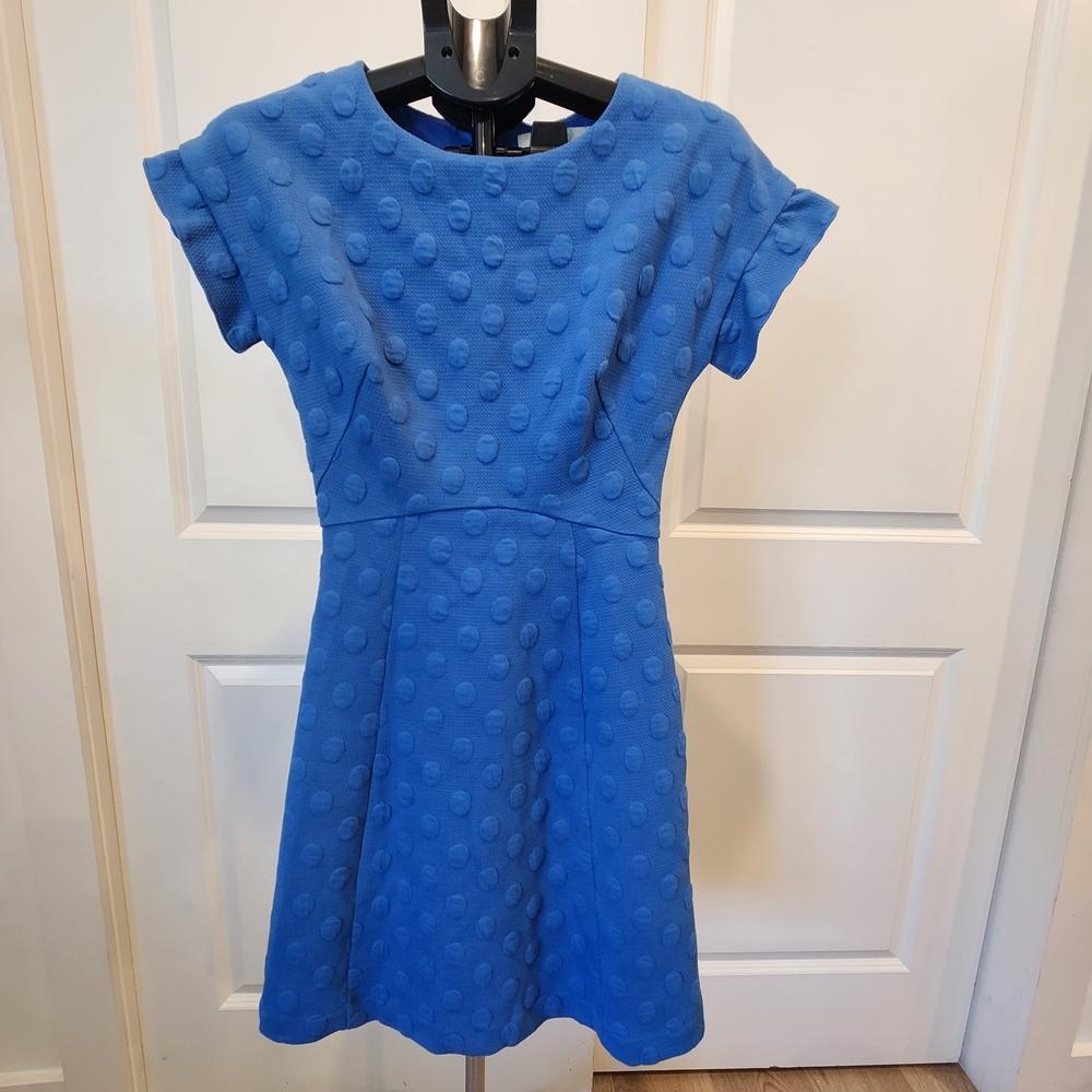 Boden Blue Textured Dot Cap Sleeve Fit And Flare Dress